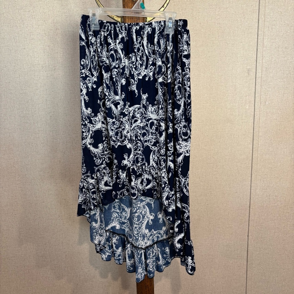 Ace Fashion Elegant Navy and White Patterned Hi Low Skirt Size Large Pre…